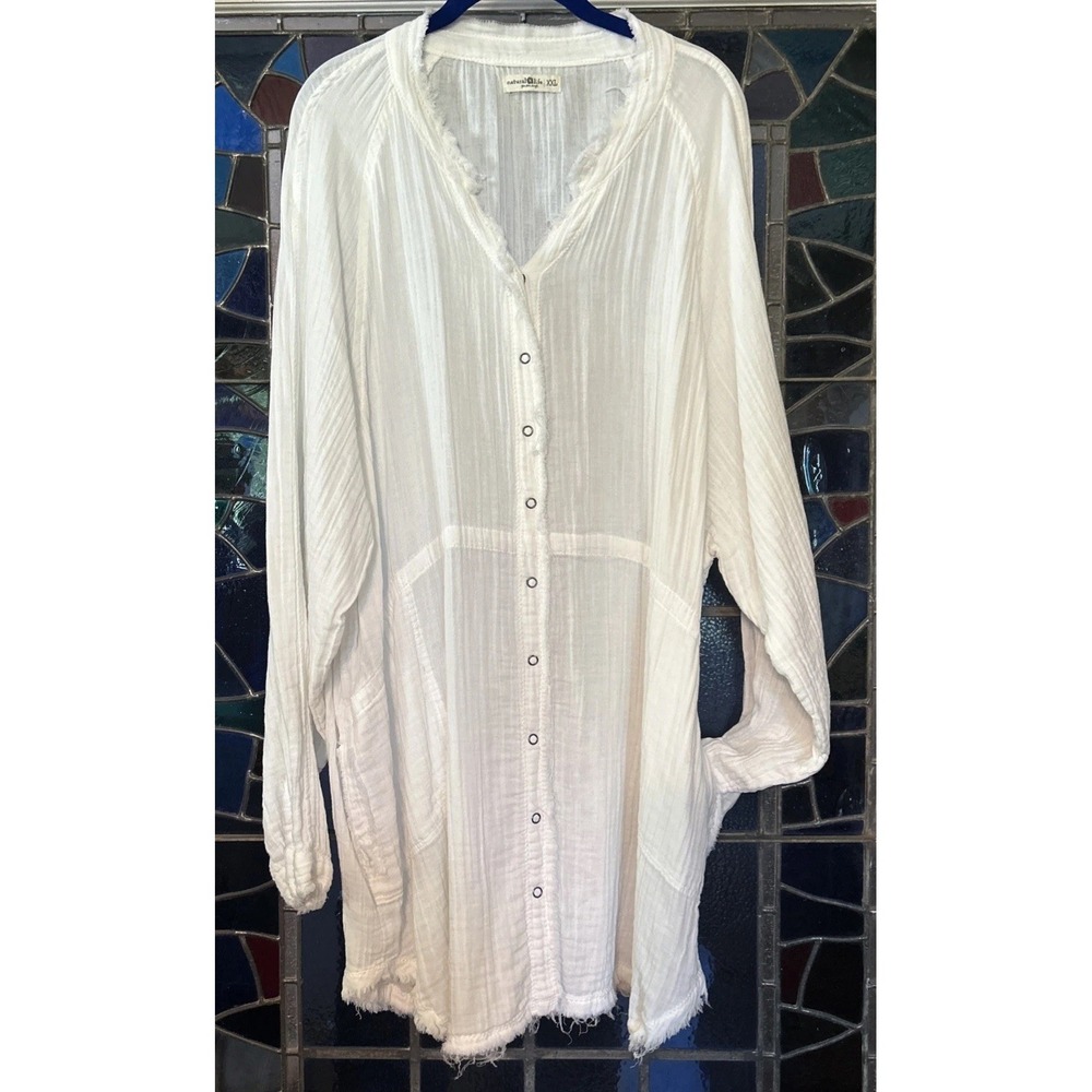 Natural Life White Gauze Snap Front Tunic Top Raw Edge Pockets Plus Size 2XL